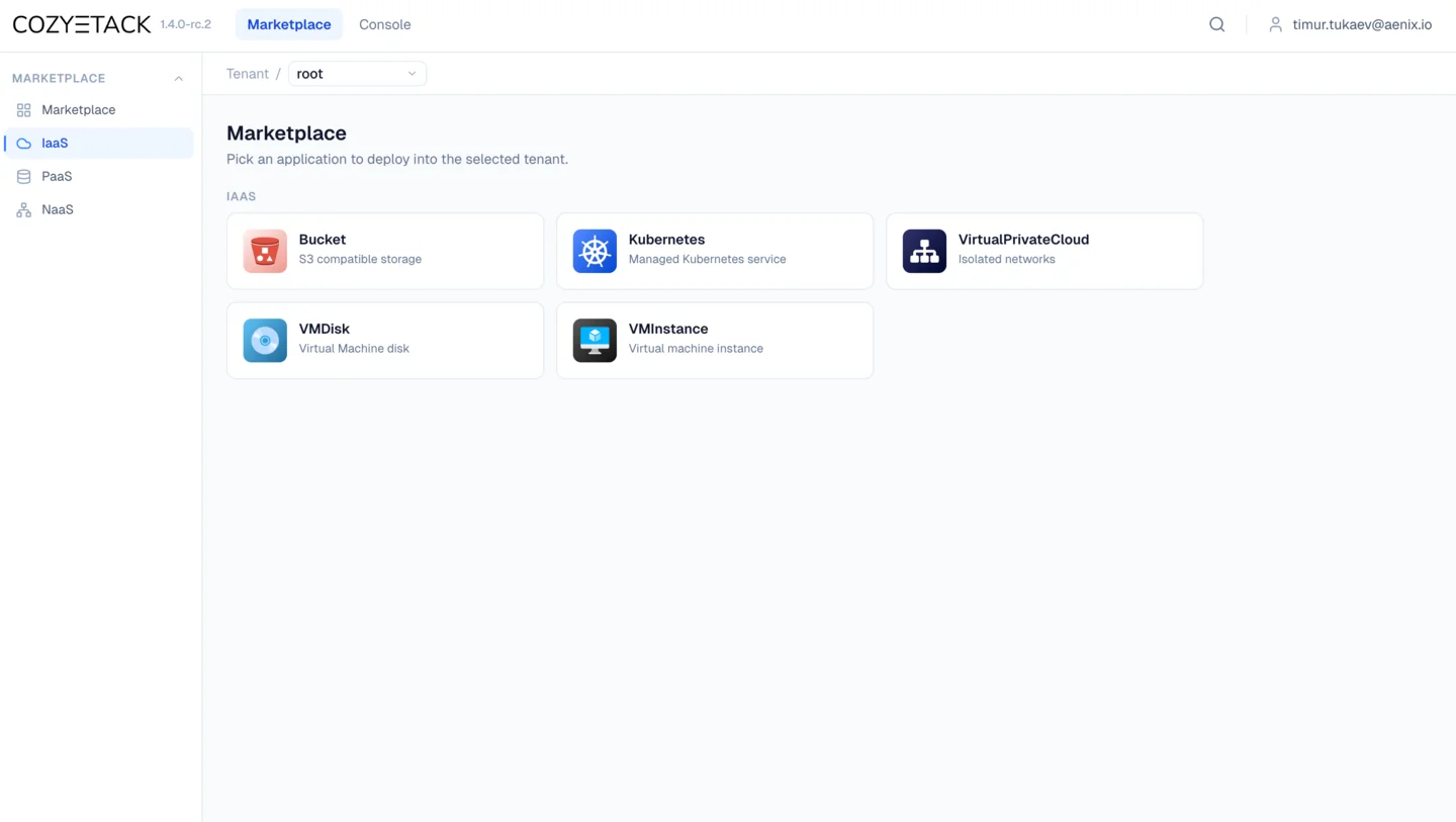 Cozystack 1.4 dashboard — IaaS marketplace with Bucket, Kubernetes, VirtualPrivateCloud, VMDisk and VMInstance services