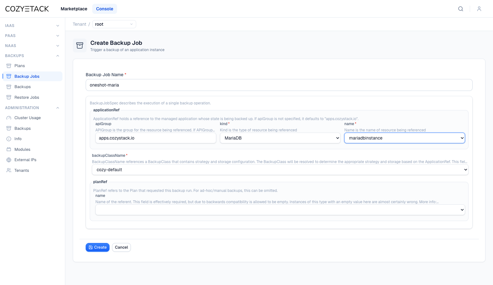 Cozystack dashboard showing the BackupJob creation form for a Postgres application